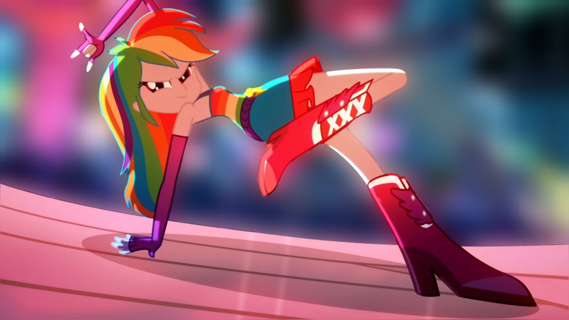 Size: 3416x1920 | Tagged: safe, derpibooru import, edit, edited screencap, editor:itsmgh1203, screencap, rainbow dash, eqg summertime shorts, equestria girls, raise this roof, armpits, belt, blurry, blurry background, boots, breasts, clothes, cutie mark, cutie mark on clothes, dance floor, devil horn (gesture), faic, fall formal outfits, female, fingerless gloves, gloves, high res, image, jpeg, looking at you, rainbow dash is best facemaker, shoes, sleeveless, smiling, smiling at you, smirk, smug, smugdash, solo