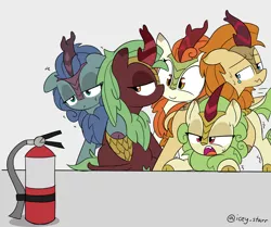 Size: 3000x2509 | Tagged: safe, artist:icey, derpibooru import, autumn afternoon, autumn blaze, cinder glow, spring glow, summer flare, oc, oc:nova glow, kirin, fire extinguisher, image, png, scared, sweat