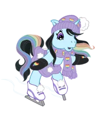 Size: 600x800 | Tagged: safe, artist:vernorexia, derpibooru import, oc, oc:glacierine, pony, unicorn, art trade, bipedal, black hair, clothes, g3, hat, ice skating, image, mittens, multicolored hair, payment, png, pom pom, rainbow hair, scarf, shoes, simple background, skating, skirt, solo, transparent background, winter outfit