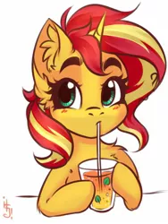 Size: 1200x1600 | Tagged: safe, artist:falafeljake, derpibooru import, sunset shimmer, unicorn, drinking, image, jpeg, simple background, solo, white background