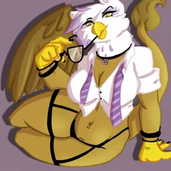 Size: 1586x1586 | Tagged: suggestive, artist:nursie_sunshine, derpibooru import, gilda, anthro, gryphon, abstract background, beak, belly button, belly piercing, blouse, breasts, busty gilda, choker, claws, cleavage, clothes, ear fluff, eared griffon, female, glasses, image, jpeg, lingerie, looking at you, necktie, piercing, pony ears, solo, solo female, sultry pose, tail, thighs, thunder thighs, wings
