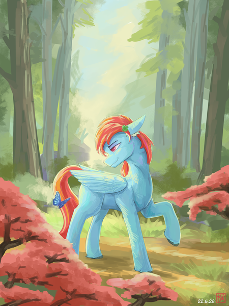 Size: 2100x2800 | Tagged: safe, artist:月下枫林, derpibooru import, oc, unofficial characters only, butterfly, insect, pegasus, flower, forest, image, male, png, solo, tree, walking