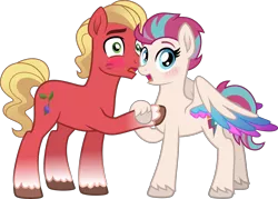 Size: 5602x4000 | Tagged: safe, artist:limedazzle, sprout cloverleaf, zipp storm, earth pony, pegasus, pony, my little pony: a new generation, about to kiss, absurd resolution, blushing, coat markings, colored wings, commission, duo, duo male and female, female, g4, g5, g5 to g4, generation leap, holding hooves, hooves, image, kiss mark, lipstick, looking at someone, male, mare, multicolored wings, open mouth, partially open wings, png, shipping, show accurate, simple background, socks (coat marking), spread wings, stallion, standing, straight, surprised, transparent background, unshorn fetlocks, wings, zippsprout