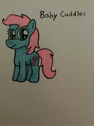 Size: 2448x3264 | Tagged: safe, artist:maddiedraws5678, derpibooru import, baby cuddles, earth pony, pony, baby, baby cuddles being a tomboy, baby pony, blue coat, cuddlebetes, cute, female, filly, foal, full body, g1, g1 to g4, g4, generation leap, hooves, image, jpeg, pink hair, pink mane, pink tail, simple background, smiling, solo, standing, tail, teal eyes, tomboy, traditional art, white background