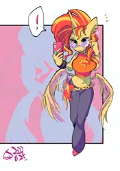 Size: 1400x2000 | Tagged: safe, artist:sozglitch, derpibooru import, sunset shimmer, alicorn, anthro, alicornified, belly button, belly piercing, bellyring, bracelet, breasts, busty sunset shimmer, butt wings, ear piercing, earring, exclamation point, glasses, image, jewelry, jpeg, midriff, piercing, race swap, selfie, shimmercorn, solo, wings