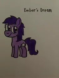 Size: 2448x3264 | Tagged: safe, artist:maddiedraws5678, derpibooru import, ember (g1), earth pony, pony, baby, baby pony, cute, ember's dream, female, filly, foal, full body, g1, g1 emberbetes, g1 to g4, g4, generation leap, hooves, image, jpeg, purple coat, purple eyes, purple hair, purple mane, purple tail, simple background, solo, standing, tail, traditional art, white background