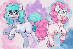 Size: 4096x2732 | Tagged: safe, artist:lightisanasshole, derpibooru import, izzy moonbow, pinkie pie, earth pony, pony, unicorn, abstract background, bracelet, colored hooves, cute, dock, duo, duo female, ear fluff, female, g5, glasses, hoof fluff, image, izzybetes, jewelry, jpeg, looking at you, looking back, open mouth, raised hoof, smiling, tail, traditional art, watercolor painting