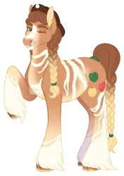 Size: 1307x1857 | Tagged: safe, artist:felinenostalgic, applejack, earth pony, pony, alternate cutie mark, alternate design, applejack's hat, braid, braided tail, coat markings, colored hooves, cowboy hat, ear piercing, facial markings, female, freckles, gradient mane, hat, hoof fluff, image, looking at you, mare, one eye closed, piercing, png, raised hoof, redesign, simple background, smiling, solo, transparent background, twitterina design, wink, winking at you