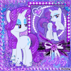 Size: 500x500 | Tagged: artist needed, safe, derpibooru import, edit, vector edit, glitter drops, rarity, tempest shadow, pony, unicorn, animated, bling, blue eyeshadow, bow, bust, duo, duo female, eyeshadow, female, gem, gif, glittershadow, heart, image, jewelry, lesbian, makeup, picmix, portrait, purple background, purple hair, shiny, shipping, simple background, solo focus, vector, white skin