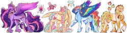 Size: 4734x1242 | Tagged: safe, artist:bunnari, applejack, fluttershy, rainbow dash, twilight sparkle, alicorn, earth pony, pegasus, pony, rabbit, alternate cutie mark, alternate design, animal, applejack's hat, bandage, coat markings, colored hooves, colored wings, commission, cowboy hat, crown, cutie mark, facial markings, feathered fetlocks, female, freckles, hat, image, jewelry, line-up, long tail, mare, multicolored hair, multicolored wings, png, rainbow wings, raised hoof, regalia, scar, simple background, smiling, spread wings, standing, transparent background, twitterina design, unshorn fetlocks, wings