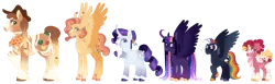 Size: 5167x1588 | Tagged: safe, artist:felinenostalgic, applejack, fluttershy, pinkie pie, rainbow dash, rarity, twilight sparkle, alicorn, earth pony, pegasus, pony, unicorn, alternate cutie mark, alternate design, applejack's hat, braid, braided tail, coat markings, colored hooves, cowboy hat, curved horn, ear piercing, ear tufts, facial markings, freckles, gradient hooves, hat, horn, image, line-up, mane six, mottled coat, piercing, png, raised hoof, redesign, simple background, spread wings, tongue out, transparent background, twitterina design, unshorn fetlocks, wings