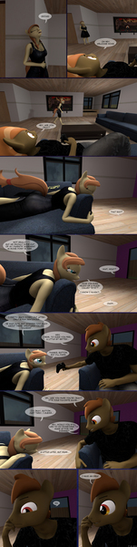 Size: 1440x5718 | Tagged: safe, artist:spud, derpibooru import, button mash, oc, oc:cream heart, comic:family bonds, 3d, comic, controller, conversation, couch, game, groan, image, jpeg, leaning on wall, looking at each other, looking at someone, source filmmaker, speech bubble, television, thinking, tired