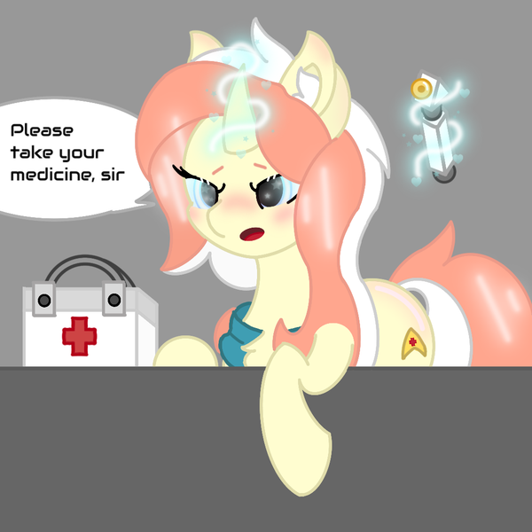 Size: 1080x1080 | Tagged: safe, artist:sodapop sprays, derpibooru import, oc, oc:sugarspoon, unofficial characters only, pony, unicorn, blue eyes, blushing, clothes, combadge, concerned, digital art, doctor, ear blush, ear fluff, emh, eye, eyes, female, food, hypospray, image, magic, magic aura, mane, mare, medkit, nose blush, orange, png, scarf, solo, speech bubble, spread wings, star trek, tail, talking to viewer, telekinesis, white, wings, worried