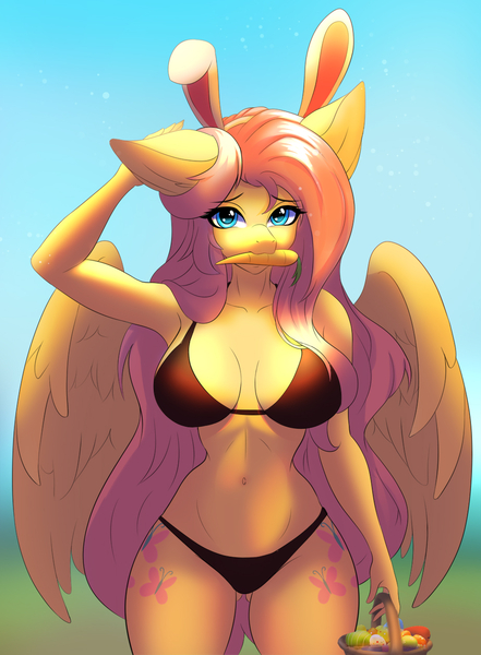 Size: 924x1257 | Tagged: suggestive, artist:hellcat120, derpibooru import, fluttershy, anthro, pegasus, pony, armpits, basket, belly button, bikini, breasts, bunny ears, busty fluttershy, carrot, cleavage, clothes, ear fluff, female, food, image, jpeg, long mane, mare, mouth hold, solo, solo female, swimsuit, wings