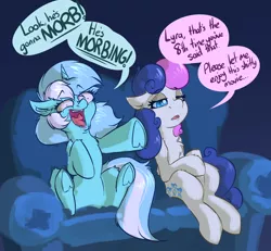 Size: 4000x3696 | Tagged: safe, artist:witchtaunter, derpibooru import, bon bon, lyra heartstrings, sweetie drops, earth pony, pony, unicorn, bon bon is not amused, chest fluff, comic, couch, ear fluff, faic, female, females only, image, it's morbin time, l.u.l.s., laughing, morbius, png, pointing, shoulder fluff, simple background, sitting, speech bubble, unamused, yelling