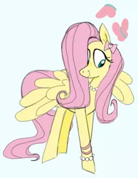 Size: 744x961 | Tagged: safe, artist:mewnikitty, edit, editor:edits of hate, fluttershy, butterfly, insect, pegasus, pony, accessories, bow, bracelet, female, heart, image, jewelry, necklace, pearl necklace, png, simple background, smiling, solo, standing, white background