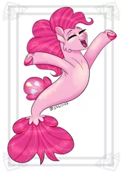 Size: 1280x1840 | Tagged: safe, artist:daynaskully, derpibooru import, pinkie pie, earth pony, pony, seapony (g4), digital art, dorsal fin, eyes closed, female, fish tail, flowing mane, flowing tail, glow, happy, image, jpeg, mare, mermay, open mouth, open smile, pink mane, pink tail, seaponified, seapony pinkie pie, signature, simple background, smiling, solo, species swap, speedpaint, tail, teeth, white background