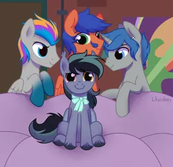 Size: 1964x1896 | Tagged: safe, artist:unichan, derpibooru import, oc, oc:griffin, oc:pixel codec, oc:scrimmy, bat pony, pegasus, pony, unicorn, chair, circle, commission, image, looking at someone, meme, png, ych result