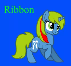Size: 551x513 | Tagged: safe, artist:jigglewiggleinthepigglywiggle, derpibooru import, ribbon (g1), pony, unicorn, blue background, cute, female, full body, g1, g1 to g4, g4, generation leap, green tail, green text, hooves, image, multicolored hair, multicolored mane, png, raised hoof, raised leg, ribbon being stylish, ribbondorable, shy, simple background, smiling, solo, standing, tail