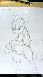 Size: 580x1024 | Tagged: safe, artist:sasamint, derpibooru import, apple bloom, earth pony, pony, bipedal, bucket, female, filly, foal, image, jpeg, sketch, solo, traditional art