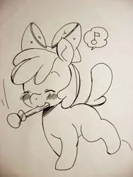 Size: 640x853 | Tagged: safe, artist:kigekigahou, derpibooru import, apple bloom, earth pony, pony, adorabloom, blushing, cute, eyes closed, female, filly, foal, image, jpeg, mouth hold, music notes, solo, stick, traditional art