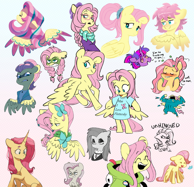 Size: 6664x6448 | Tagged: safe, artist:chub-wub, derpibooru import, fluttershy, saddle rager, twilight sparkle, butterfly, insect, pony, unicorn, alternate hairstyle, alternate timeline, antonymph, chibi, chrysalis resistance timeline, clothes, cute, discorded, ear piercing, earring, eyes closed, face paint, female, flutterguy, fluttgirshy, gir, grin, gritted teeth, hipstershy, hoodie, image, jewelry, jpeg, mare, piercing, power ponies, race swap, rainbow power, severeshy, shirt, shyabetes, simple background, smiling, solo, t-shirt, teeth, unicorn fluttershy, white background