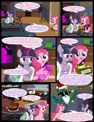 Size: 1042x1358 | Tagged: safe, artist:dendoctor, derpibooru import, mean twilight sparkle, pinkie pie, twilight sparkle, twilight sparkle (alicorn), alicorn, earth pony, pony, comic:clone.., alternate universe, bell, bits, black forest cake, cactus, cake, christmas, christmas lights, clone, colored pencils, comic, cookie, decoration, female, food, g4, glass, glow, glowing horn, hat, hearth's warming eve, holiday, horn, image, jar, jpeg, magic, mare, milk, paper, pencil, pinkie being pinkie, pinkie clone, quill, santa beard, santa hat, sunglasses, swear jar, telekinesis, wreath