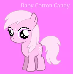 Size: 831x844 | Tagged: safe, artist:jigglewiggleinthepigglywiggle, derpibooru import, baby cotton candy, earth pony, pony, baby, baby cottoncandybetes, baby pony, cute, female, filly, foal, freckles, g1, g1 to g4, g4, generation leap, image, pink background, pink eyes, pink hair, pink mane, pink tail, pink text, png, simple background, solo, tail