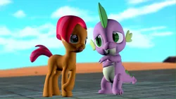 Size: 1192x670 | Tagged: safe, artist:legoguy9875, ponybooru import, babs seed, spike, dragon, earth pony, pony, 3d, babspike, crossed arms, cute, female, filly, foal, freckles, gmod, happy, image, jpeg, male, nervous, raised hoof, raised leg, shipping, smiling, straight