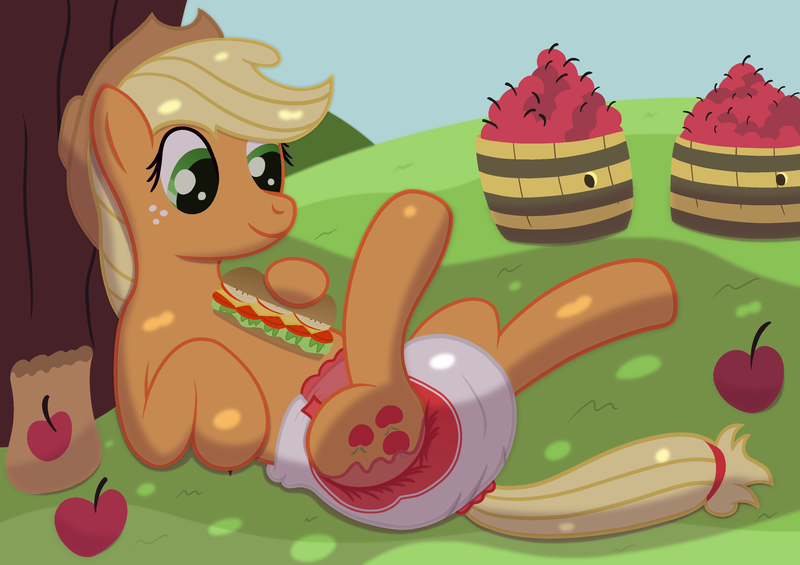 Size: 2800x1976 | Tagged: questionable, artist:sweetielover, derpibooru import, applejack, earth pony, pony, apple, bag, barrel, countryside, diaper, diaper fetish, female, fetish, food, image, png, sandwich, solo, sweet apple acres, tree