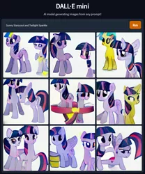 Size: 1152x1384 | Tagged: safe, dall·e mini, derpibooru import, machine learning generated, sunny starscout, twilight sparkle, twilight sparkle (alicorn), alicorn, earth pony, pony, artificial intelligence, duality, duo, duo female, female, g4, g5, image, mare, not salmon, png, sunny and her heroine, twolight, wat