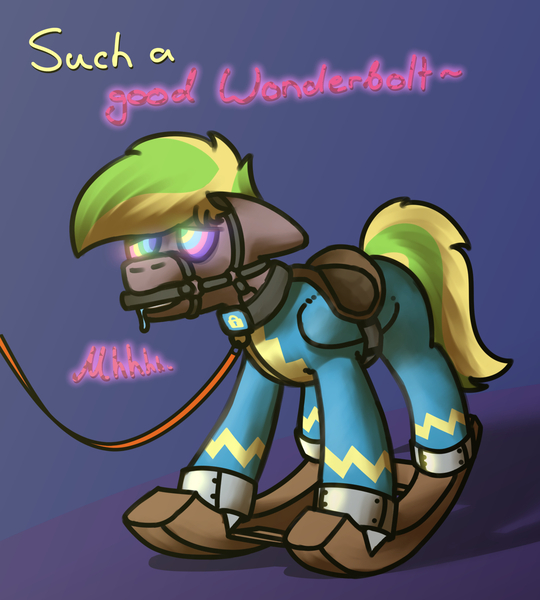 Size: 1193x1326 | Tagged: suggestive, alternate version, artist:ebunix, derpibooru import, oc, oc:lightflare, pegasus, pony, bdsm, bit gag, bondage, bridle, clothes, collar, cuffs, drool, gag, harness, hypnosis, image, jpeg, leash, pegasus oc, rocking horse, rocking horse bondage, saddle, simple background, solo, swirly eyes, tack, text, uniform, wings, wonderbolts, wonderbolts uniform