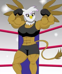 Size: 1809x2166 | Tagged: safe, artist:matchstickman, derpibooru import, gilda, anthro, gryphon, abs, biceps, boxing, boxing gloves, boxing ring, breasts, busty gilda, clothes, female, flexing, image, muscles, muscular female, png, rippda, shorts, solo, sports, sports bra, sports shorts