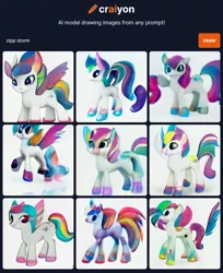 Size: 1144x1399 | Tagged: safe, craiyon, dall·e mini, derpibooru import, machine learning generated, zipp storm, pegasus, pony, artificial intelligence, female, g5, image, mare, multicolored mane, not rainbow dash, png, solo, wat