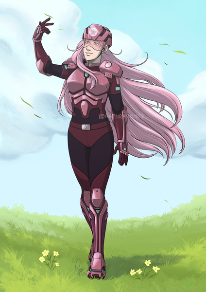 Size: 994x1406 | Tagged: safe, artist:hazurasinner, derpibooru import, fluttershy, human, body armor, boots, clothes, cloud, commission, female, field, flower, goggles, grass, grass field, helmet, humanized, image, png, shoes, signature, sky, smiling, solo, windswept hair