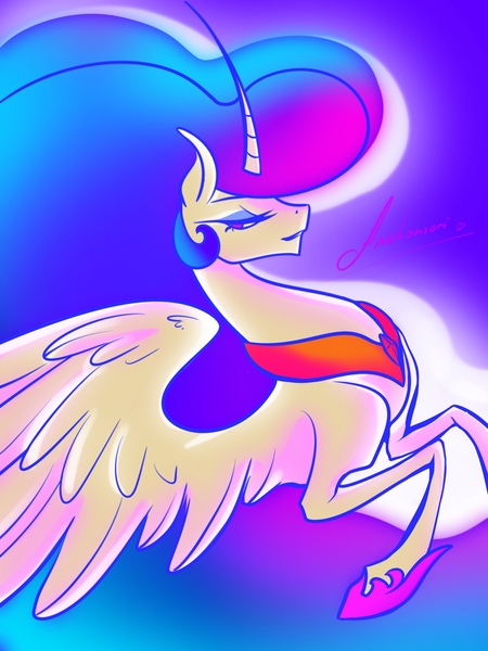 Size: 2048x2732 | Tagged: safe, artist:anekomori, derpibooru import, princess celestia, alicorn, pony, female, image, jpeg, lidded eyes, mare, signature, smiling, solo, spread wings, wings