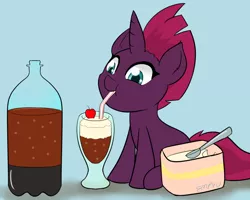 Size: 1200x960 | Tagged: safe, artist:empyu, derpibooru import, fizzlepop berrytwist, tempest shadow, pony, unicorn, cute, drink, female, filly, filly tempest shadow, food, ice cream, image, png, root beer, root beer float, tempestbetes, younger