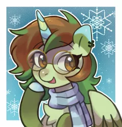 Size: 1535x1600 | Tagged: safe, artist:horseyuris, derpibooru import, oc, unofficial characters only, alicorn, pony, bust, chest fluff, clothes, commission, ear piercing, earring, female, glasses, image, jewelry, jpeg, mare, piercing, scarf, snow, snowflake, solo