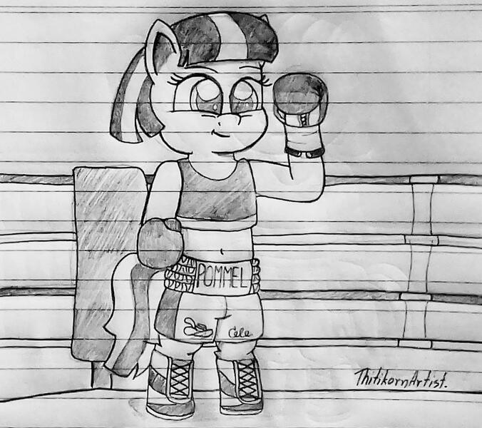 Size: 1280x1136 | Tagged: safe, artist:ct1443ae, derpibooru import, coco pommel, earth pony, semi-anthro, boxing, boxing gloves, boxing ring, boxing shoes, boxing shorts, clothes, image, jpeg, lined paper, pencil drawing, shoes, shorts, solo, sports, traditional art
