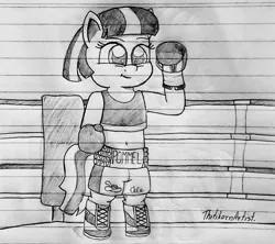 Size: 1280x1136 | Tagged: safe, artist:ct1443ae, derpibooru import, coco pommel, earth pony, semi-anthro, boxing, boxing gloves, boxing ring, boxing shoes, boxing shorts, clothes, image, jpeg, lined paper, pencil drawing, shoes, shorts, solo, sports, traditional art