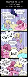 Size: 960x2600 | Tagged: safe, artist:shujiwakahisaa, derpibooru import, dinky hooves, ruby pinch, oc, pony, unicorn, werewolf, comic:adapting to night, cute, dialogue, female, filly, foal, furry, gray coat, hug, image, mare, pink hair, png, sleepover, transformation
