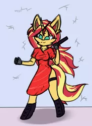 Size: 3000x4099 | Tagged: safe, artist:toxinagraphica, derpibooru import, sunset shimmer, anthro, pony, unguligrade anthro, unicorn, >:3, boots, breasts, cheek fluff, clothes, dress, ear fluff, female, fluffy, gloves, image, katana, mare, png, shoes, solo, sword, weapon