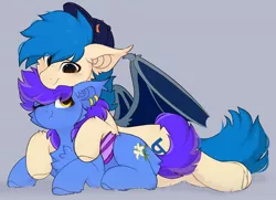 Size: 1518x1100 | Tagged: safe, artist:little-sketches, derpibooru import, oc, oc:evening lily, oc:moonshot, bat pony, pony, baseball cap, cap, cuddling, cute, ear piercing, eveshot, female, hat, image, jpeg, looking at each other, looking at someone, male, oc x oc, one eye closed, piercing, shipping, spread wings, wings