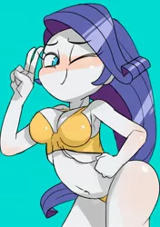 Size: 1211x1721 | Tagged: suggestive, artist:baigak, derpibooru import, rarity, equestria girls, bikini, blue background, breasts, clothes, female, hand on hip, image, jpeg, looking at you, one eye closed, peace sign, simple background, solo, solo female, swimsuit, wink, winking at you