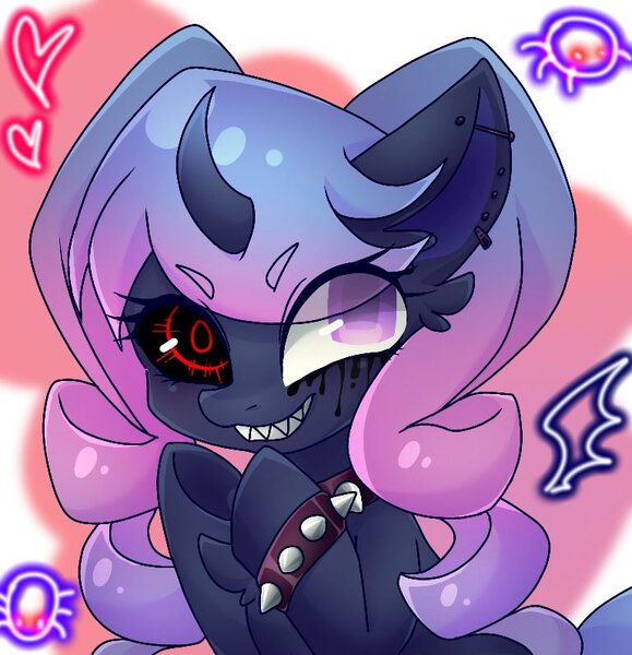 Size: 768x796 | Tagged: safe, artist:namaenonaipony, derpibooru import, oc, unofficial characters only, pony, unicorn, bracelet, chest fluff, choker, ear piercing, earring, eye clipping through hair, female, heart, horn, image, jewelry, jpeg, mare, piercing, sharp teeth, simple background, solo, spiked choker, spiked wristband, teeth, white background, wristband