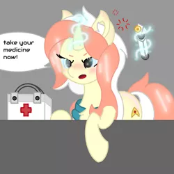 Size: 1080x1080 | Tagged: safe, artist:sodapop sprays, derpibooru import, oc, oc:sugarspoon, unofficial characters only, pony, unicorn, angry, blue eyes, blushing, clothes, combadge, concerned, doctor, ear blush, ear fluff, emh, eye, eyes, female, food, hypospray, image, magic, magic aura, mane, mare, medkit, nose blush, orange, png, scarf, solo, speech bubble, spread wings, star trek, tail, talking to viewer, telekinesis, white, wings