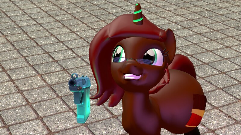 Size: 3840x2160 | Tagged: safe, derpibooru import, oc, oc:chocolate luck, pony, unicorn, 3d, butt, cutie mark, day, femboy, glasses, gmod, green eyes, gun, handgun, horn, huge butt, image, jpeg, large butt, magic, male, pistol, smiling, standing, weapon, wide hips