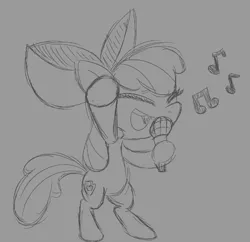 Size: 753x728 | Tagged: safe, artist:orbitalfox, derpibooru import, apple bloom, earth pony, pony, bipedal, cutie mark, eyes closed, female, filly, foal, image, microphone, music notes, open mouth, png, raised hoof, singing, sketch, solo, the cmc's cutie marks