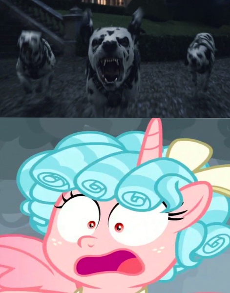 Size: 1089x1387 | Tagged: safe, artist:wolfspiritclan, derpibooru import, cozy glow, alicorn, dalmatian, dog, 101 dalmatians, crossover, disney, good vs evil, image, jpeg, meme