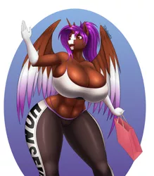 Size: 1120x1280 | Tagged: suggestive, artist:funkybacon, derpibooru import, oc, unofficial characters only, alicorn, anthro, abs, big breasts, breasts, butt, cleavage, clothes, disproportional anatomy, female, huge breasts, huge butt, image, impossibly large breasts, jpeg, large butt, leggings, shopping, short shirt, solo, wasp waist